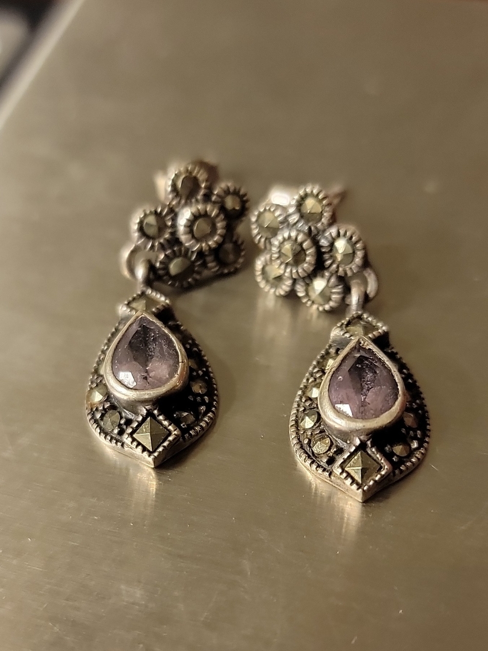 925 Sterling Silver Purple Amethyst Teardrop Dangle/Drop Earrings Bezel Signed
